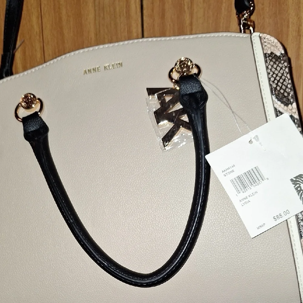 Anne Klein Taupe and Black Satchel with Snakeskin Accents - Picture 6 of 6